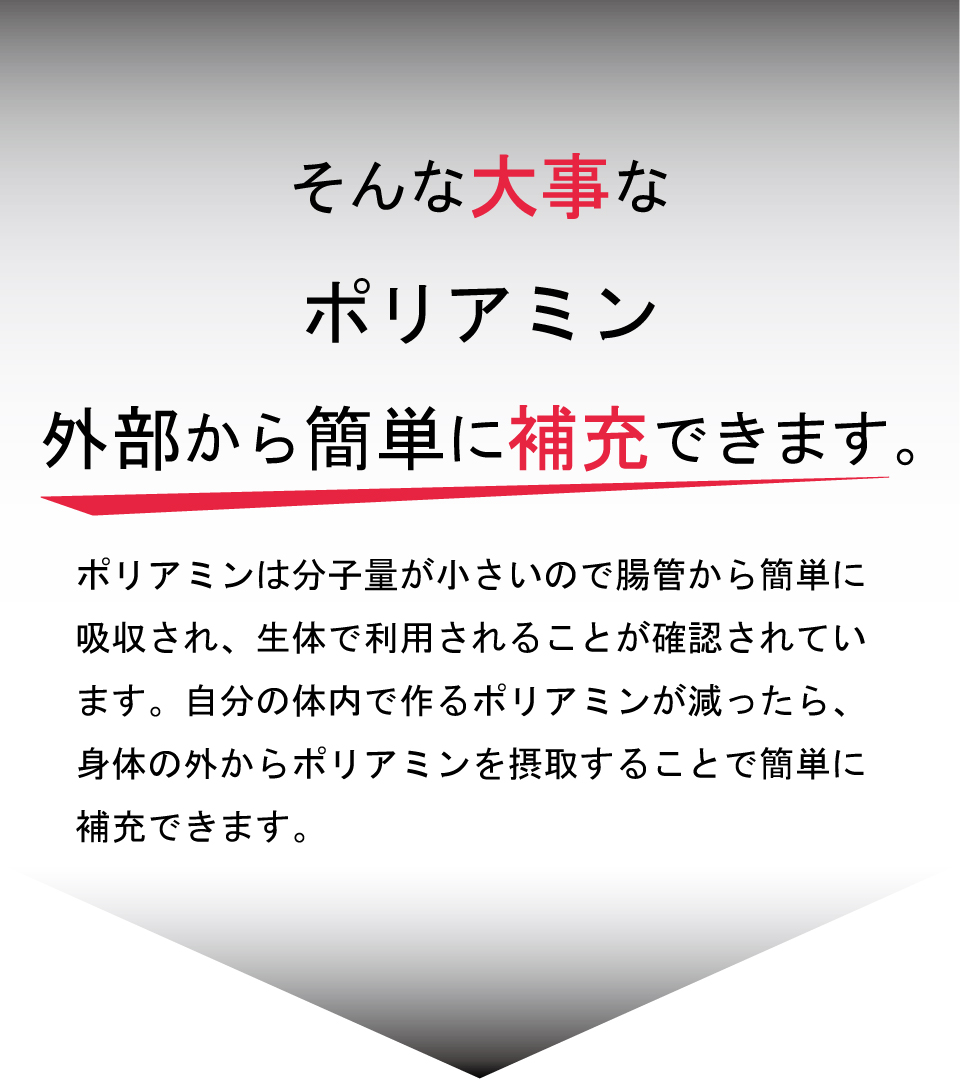 そんな大事なポリアミン　外部から簡単に補充できます。ポリアミンは分子量が小さいので腸管から簡単に吸収され、生体で利用されることが確認されています。自分の体内で作るポリアミンが減れば、身体の外からポリアミンを摂取することで簡単に補充できます。